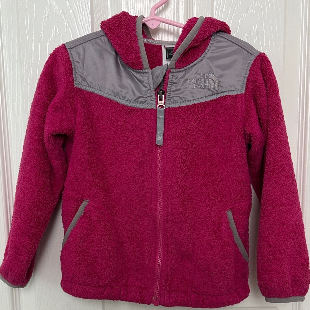 The North Face Magenta and Gray Hooded Fleece Jacket